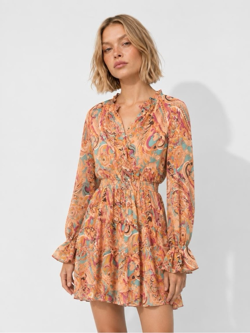 Fate Bohemian Paisley Print Orange Pink Peach Long Sleeve Womens Mini Dress Sz S